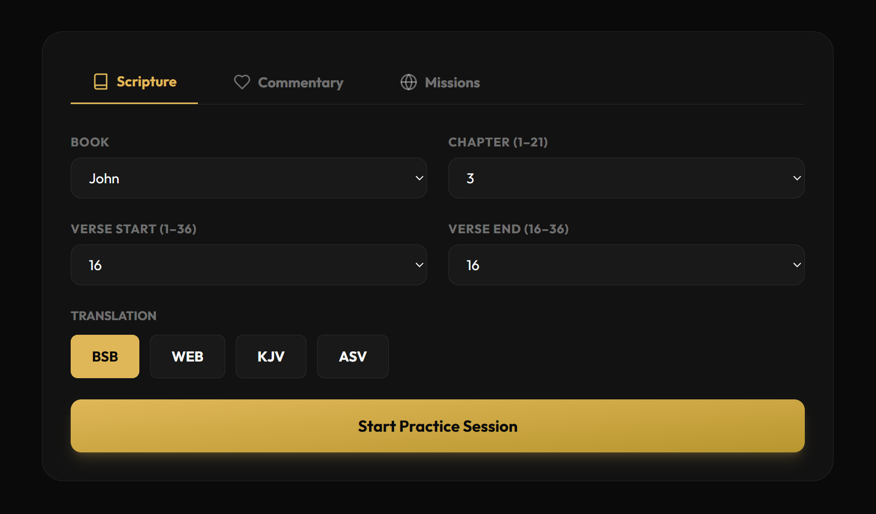 Practice content selection interface showing Scripture, Commentary, and Missions tabs with verse picker