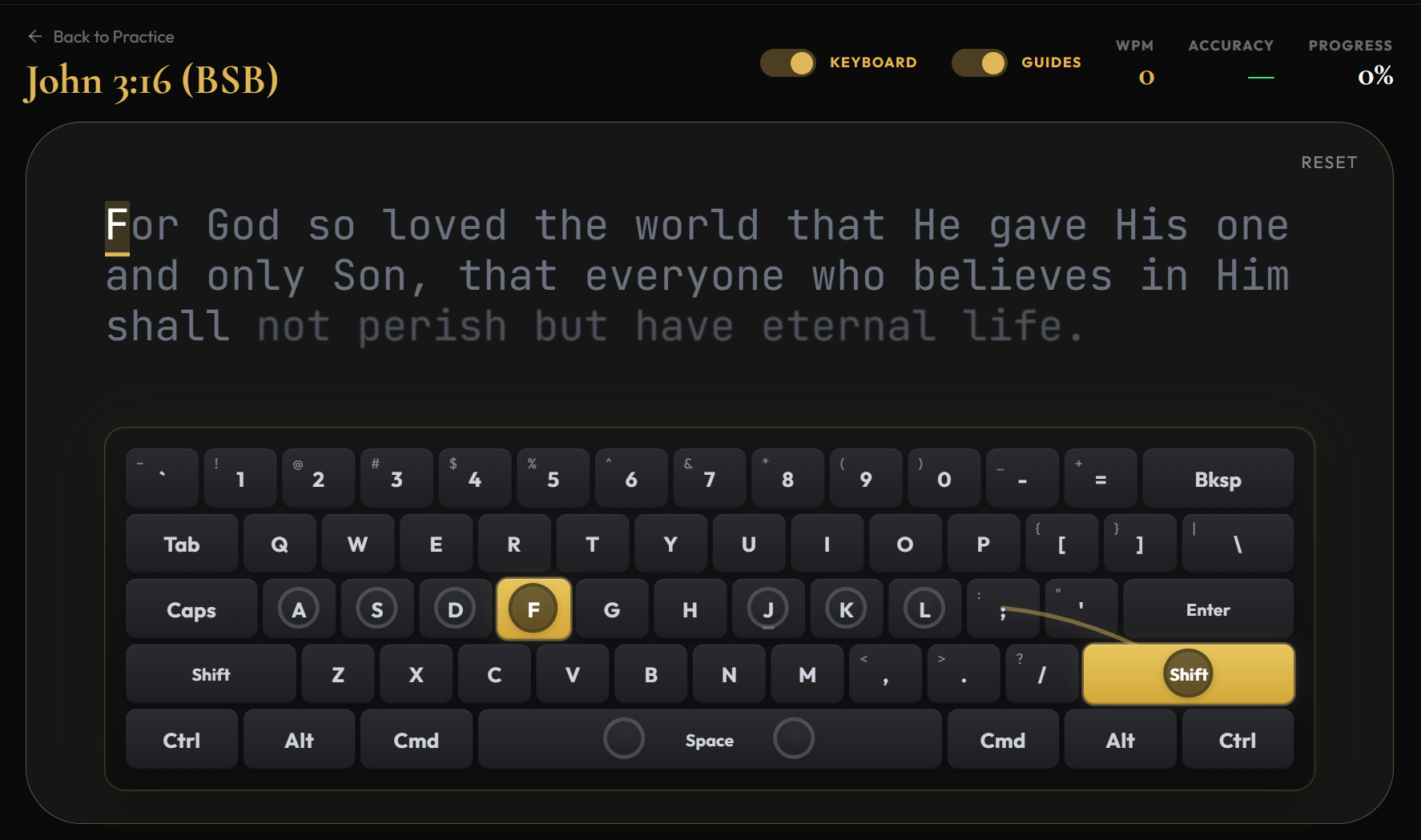 Typing practice interface showing highlighted text, on-screen keyboard with finger guides, and live WPM and accuracy metrics